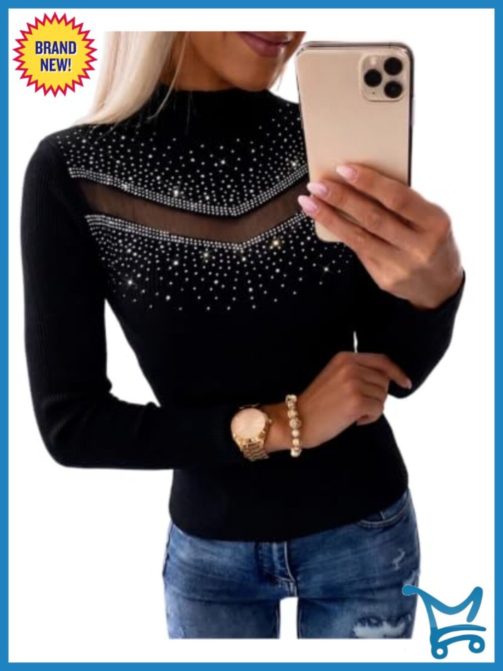 Rhinestone Mesh Long Sleeve Mock Neck Party Top Blouse